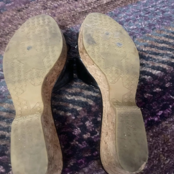 Jimmy Choo Patent Leather Metal Logo Slide Sandal Shoe Cork Wedge Platform - Picture 10 of 11